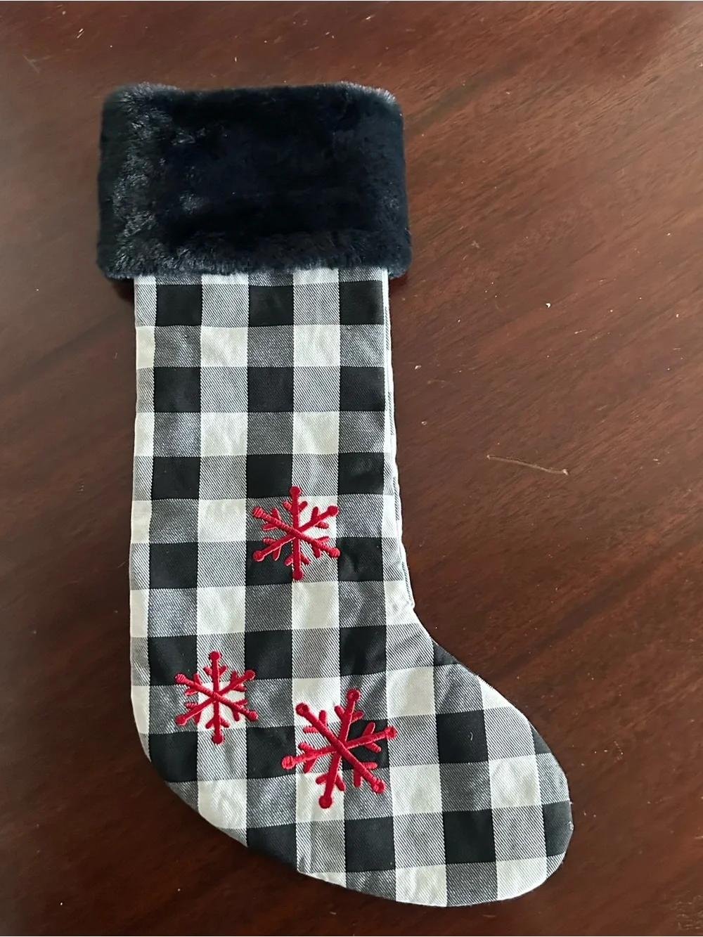 Wendy Bellissimo Holiday Christmas Stocking Red Snowflakes Black White checkered